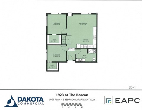 Floor plan for 2 beds, 1 bath, 937 sqft